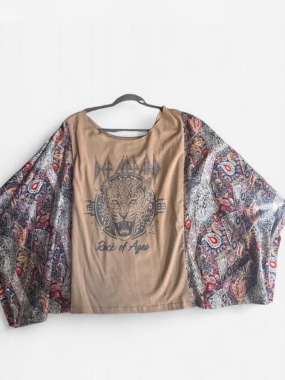 Boho Tan Graphic Blouse with Patterned Kimono Sleeves
